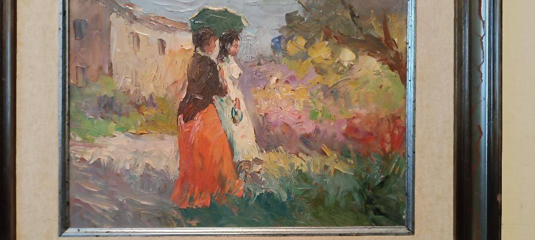 Oil painting of figures on panel in the Impressionist style from the 50s/60s.