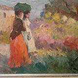Oil painting of figures on panel in the Impressionist style from the 50s/60s.