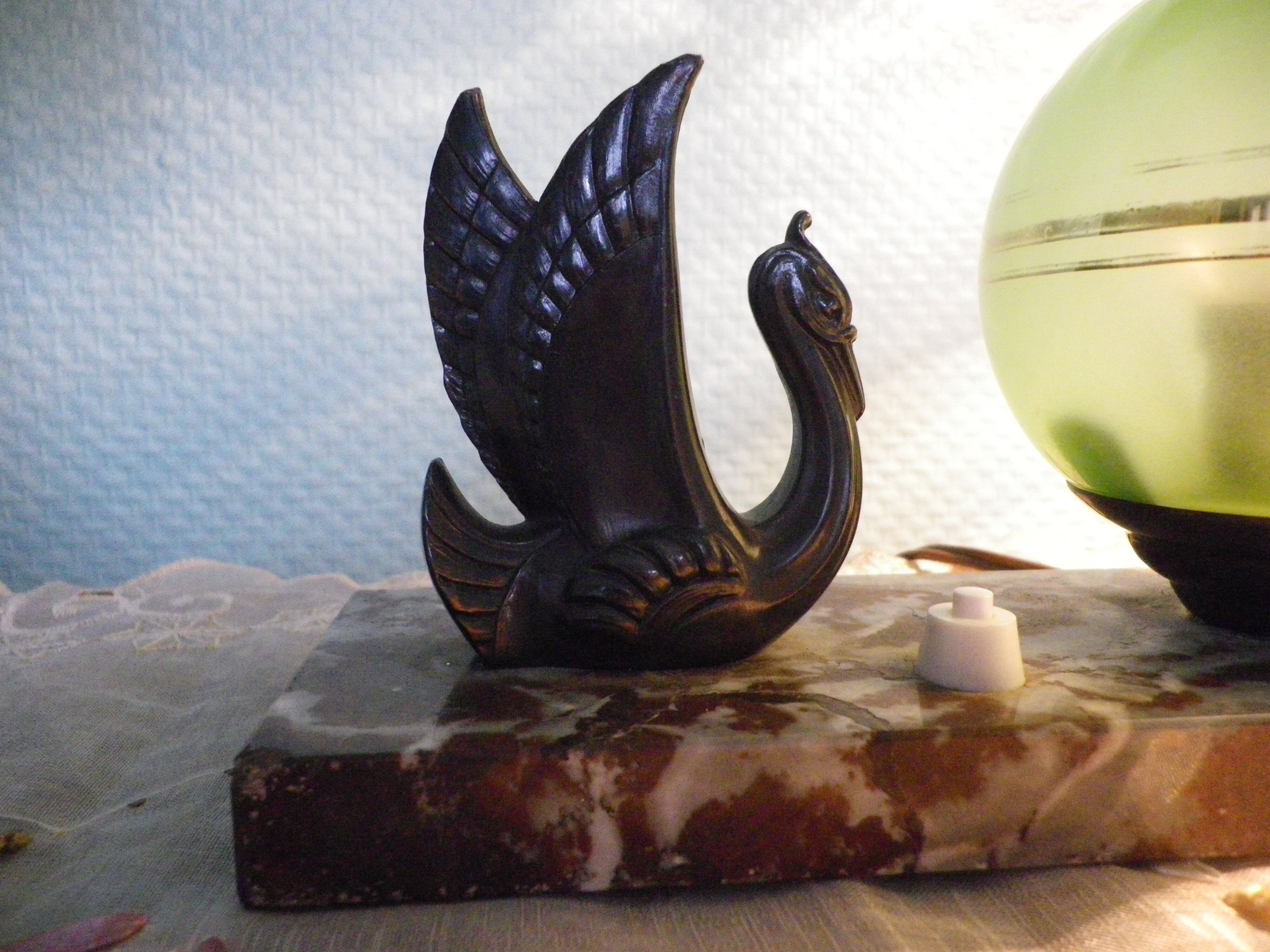 Table lamp, art deco, opaline, marble, bronze patinated metal, 30s/40s