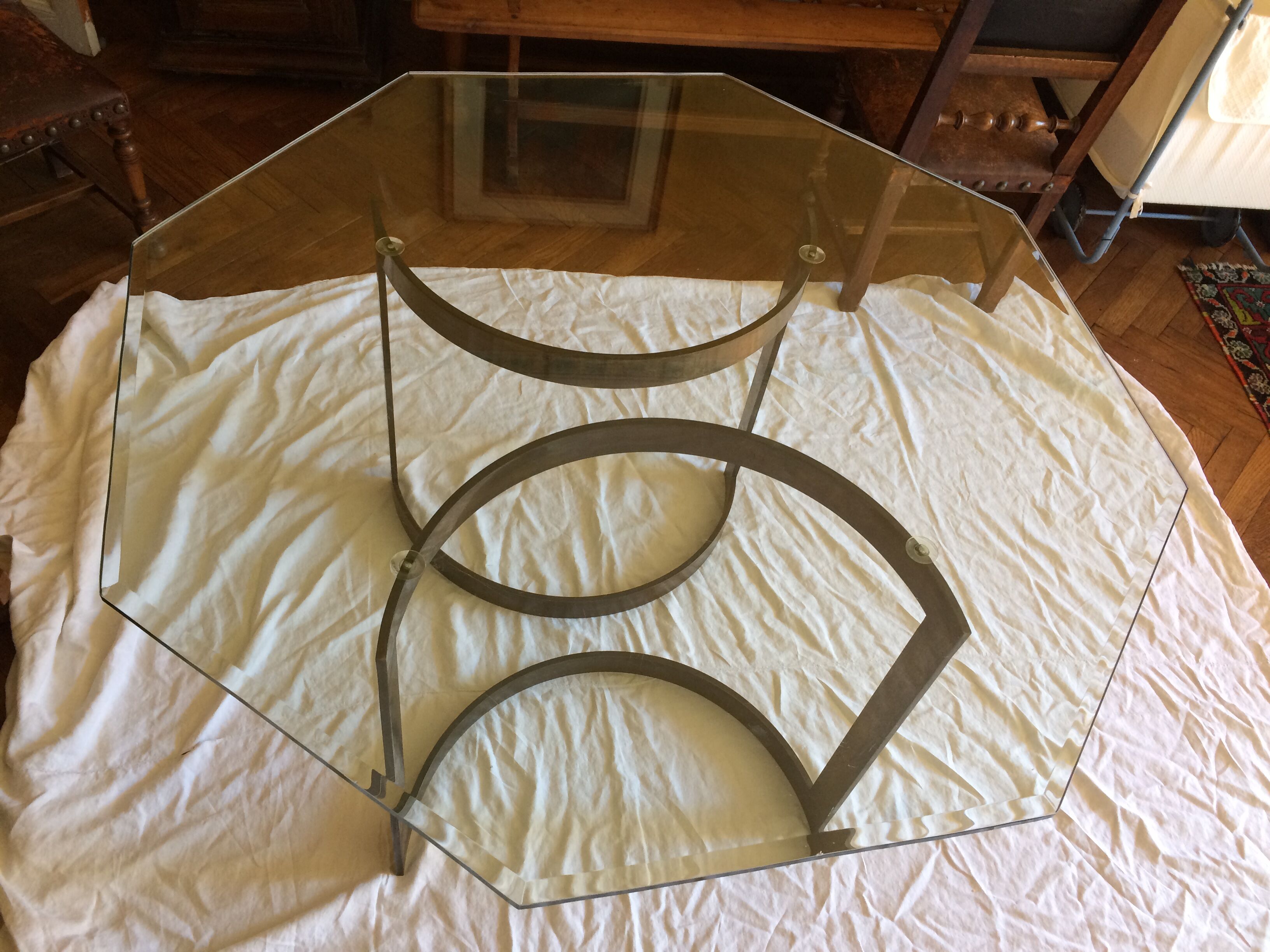 Table Basse Octogonale En Verre Fumé, Piétement Chrome Et Métal, 95x95 Cm, Hauteur 44 Cm