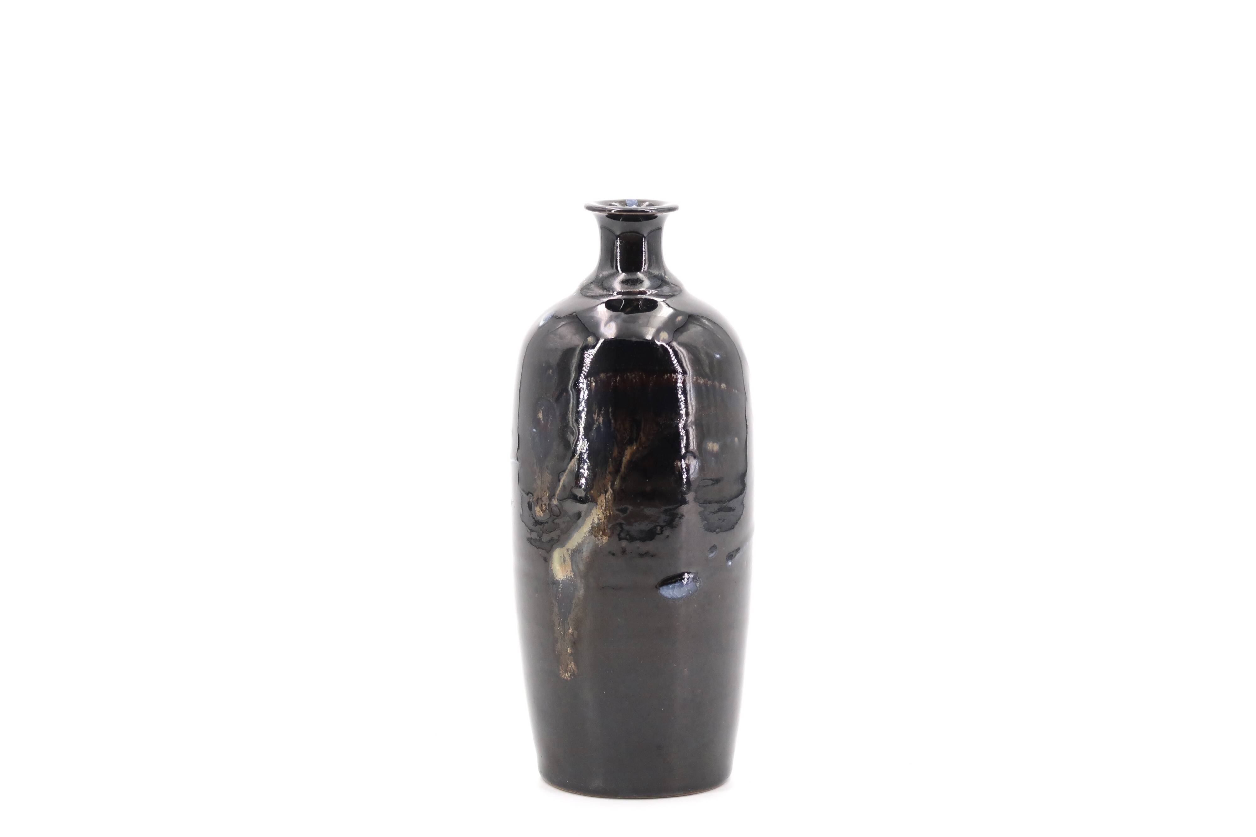 Black bottle vase signed in ceramic, abstract decoration