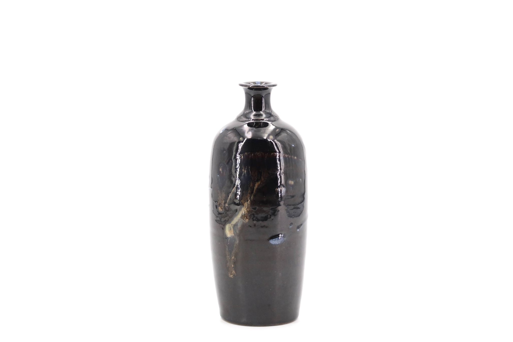 Vase bouteille noir signé en céramique, décor abstrait