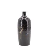 Signed black bottle vase in ceramic, abstract decor
