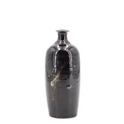 Vase bouteille noir signé en céramique, décor abstrait