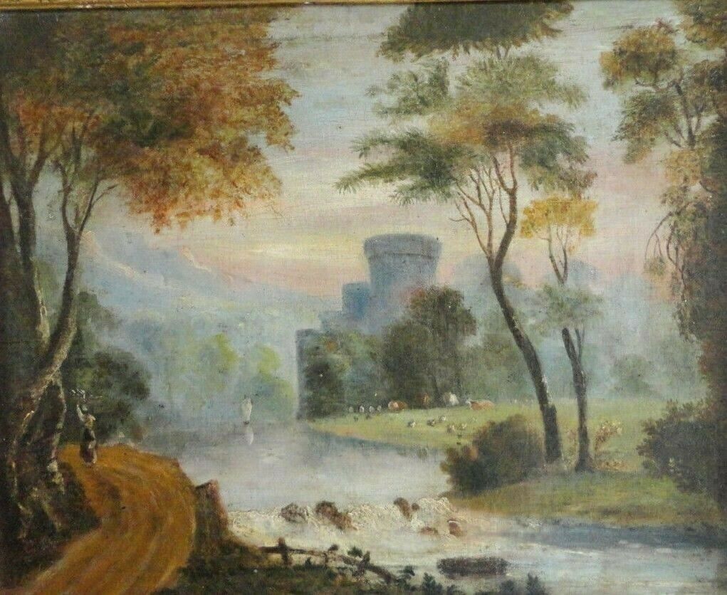 Oil french school XVIII, landscape with ruin trumeau