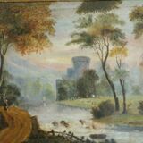 Oil french school XVIII, landscape with ruin trumeau