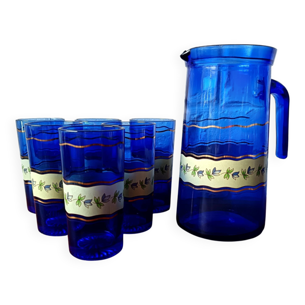 Service à orangeade bleu cobalt vintage