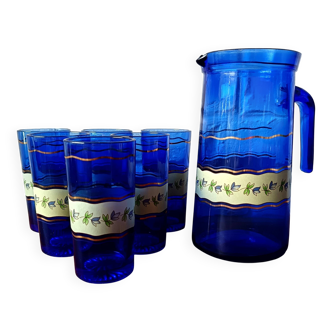 Service à orangeade bleu cobalt vintage