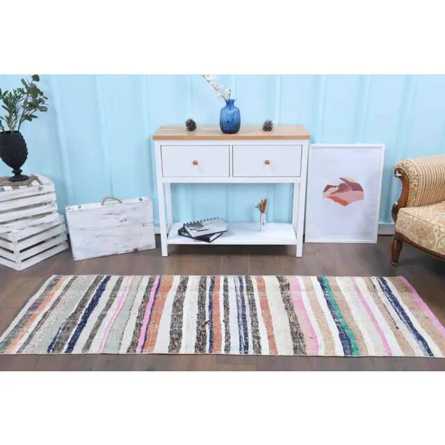 Vintage Turkish Hand-Knotted Wool Cotton White Kilim Runner Rug 78x228