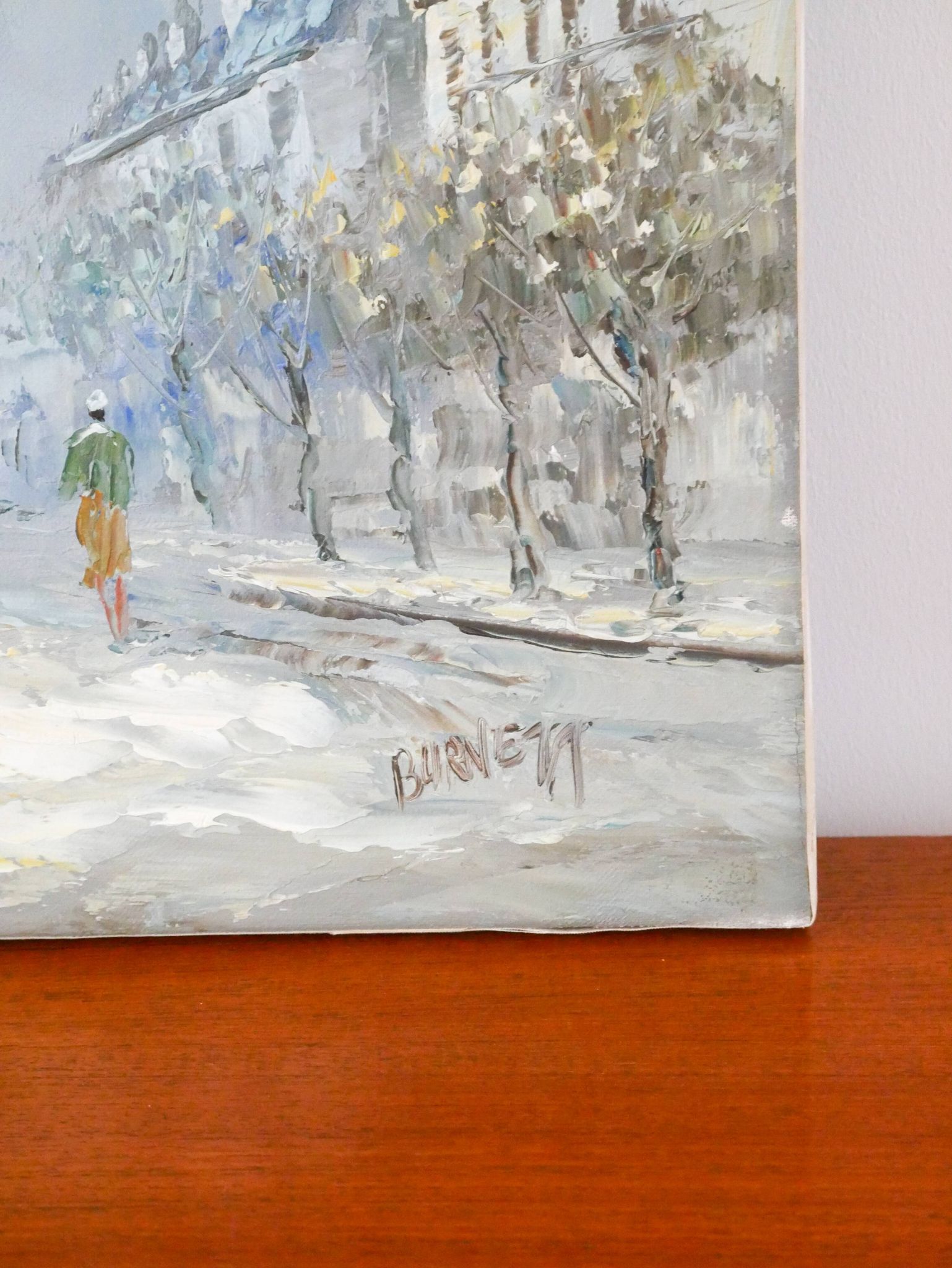 painting / oil on canvas streets of Paris under the snow vintage