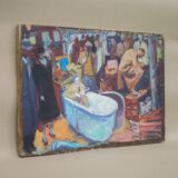 Peinture signée Patrice Landauer, peinture vintage, peinture sur panneau de bois