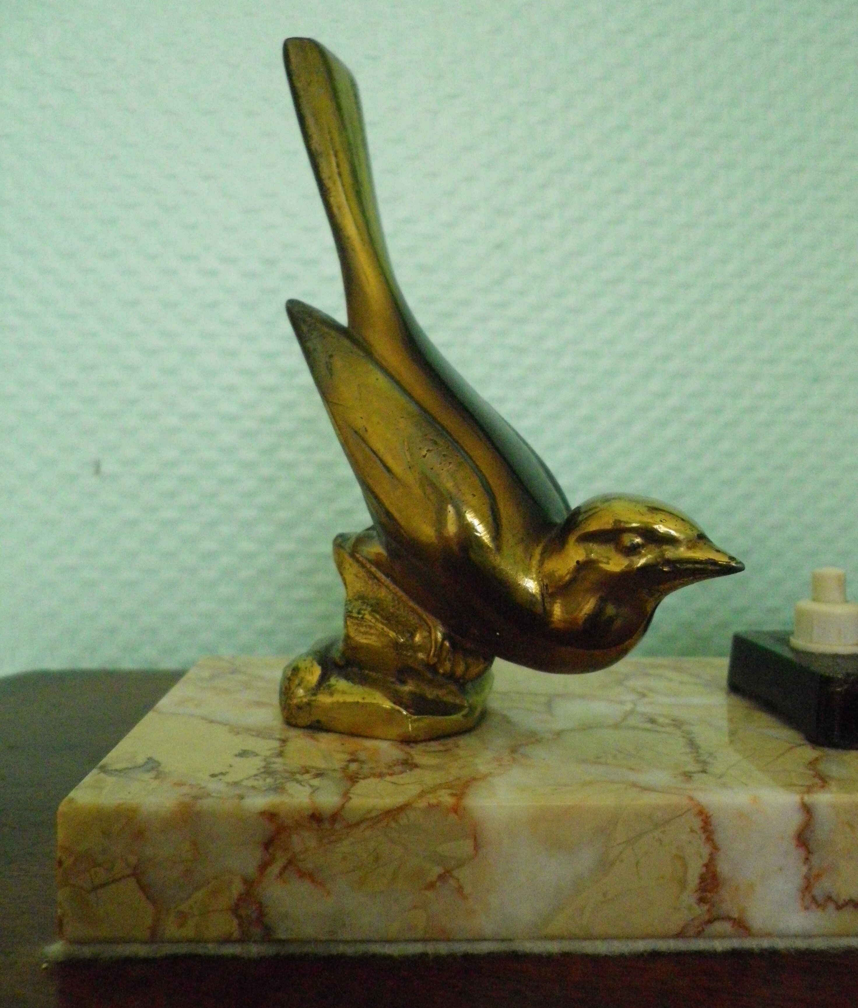 Art deco lamp, to pose, marble base, brass bird decoration, opaline - 40s