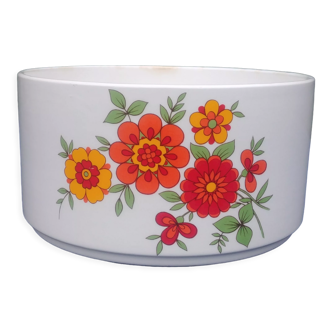 Saladier en porcelaine de la faïencerie Ochies MDL modèle Québec Vintage décor fleurs oranges