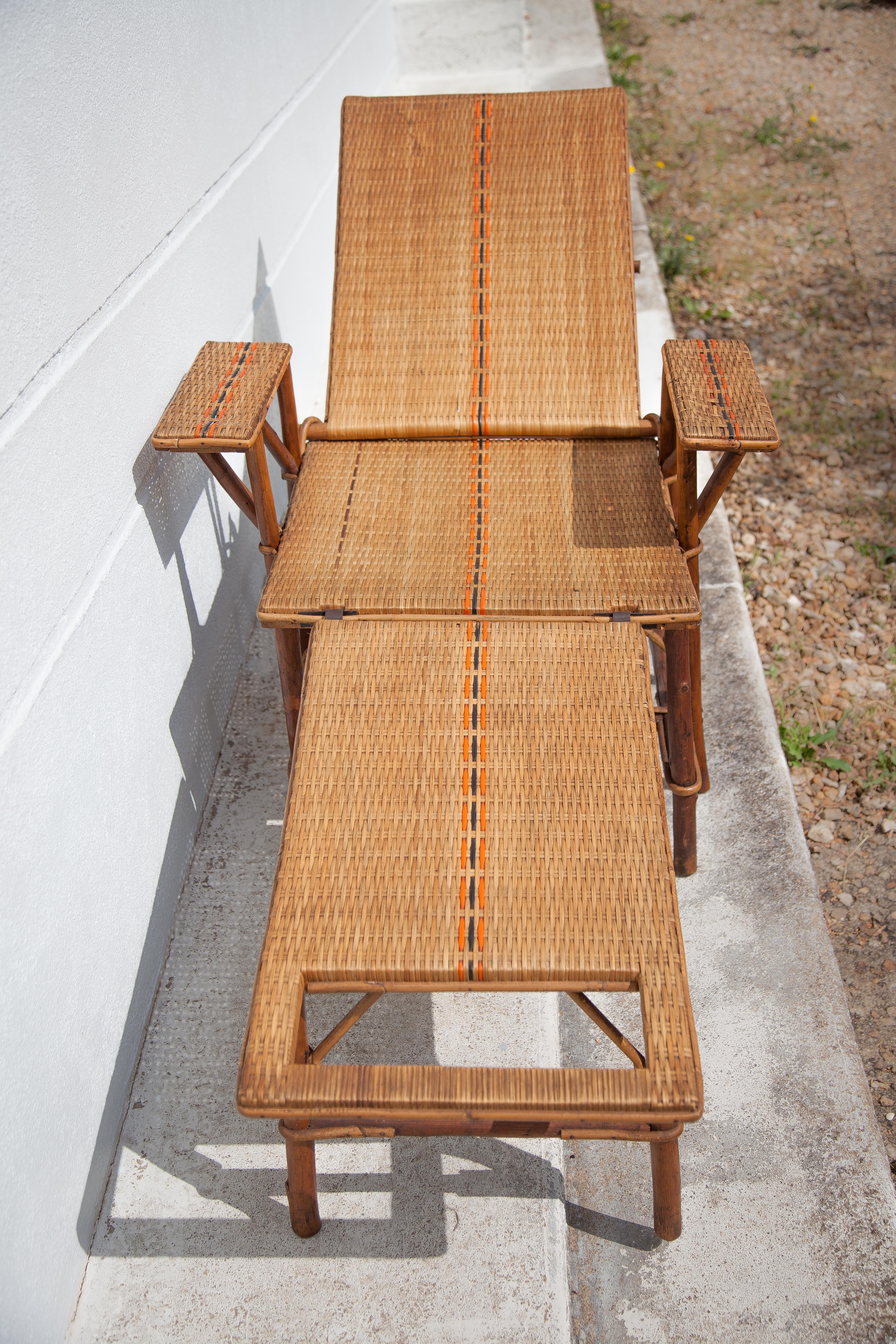 Antique rattan chaise longue, Chilean, rattan deckchair, folding backrest, removable footrest