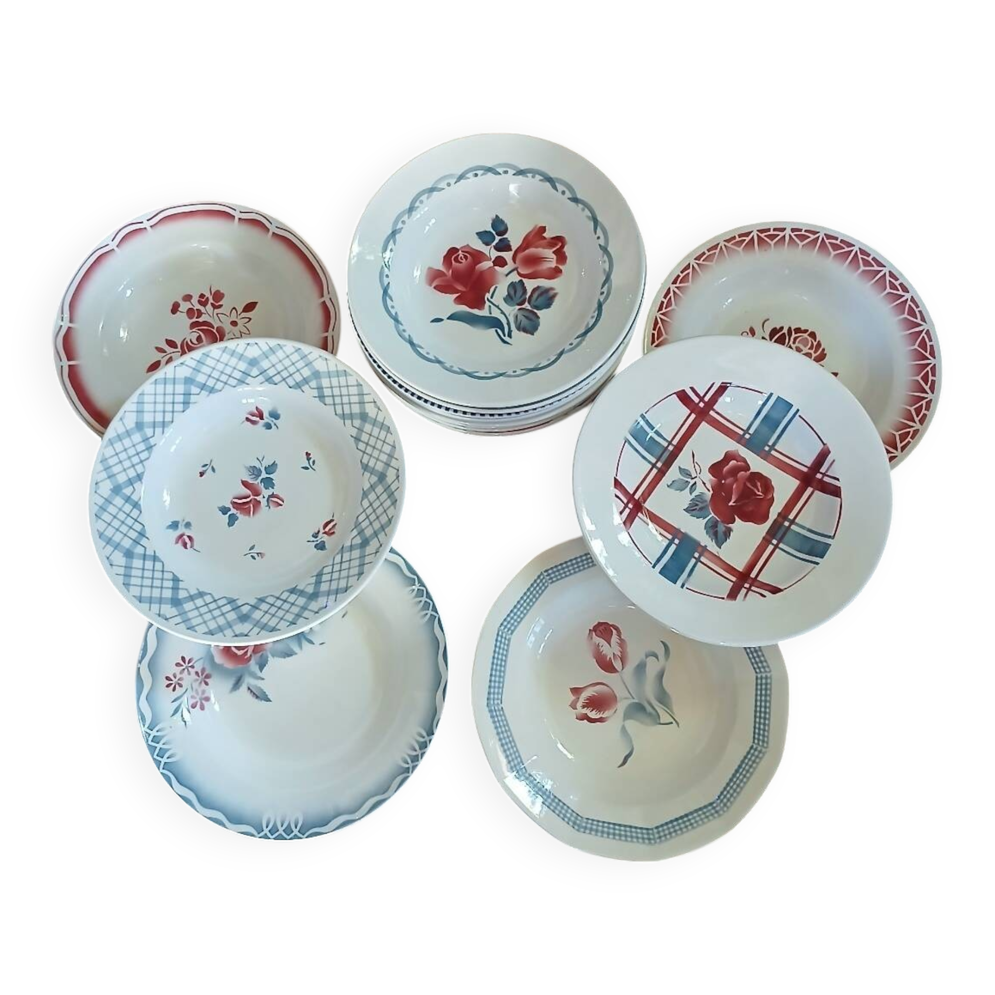 16 mismatched antique deep plates