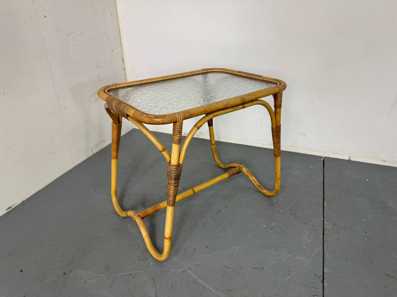 Vintage Bohémien Rattan Bamboo and Glass Side Table from Rohé Noordwolde,