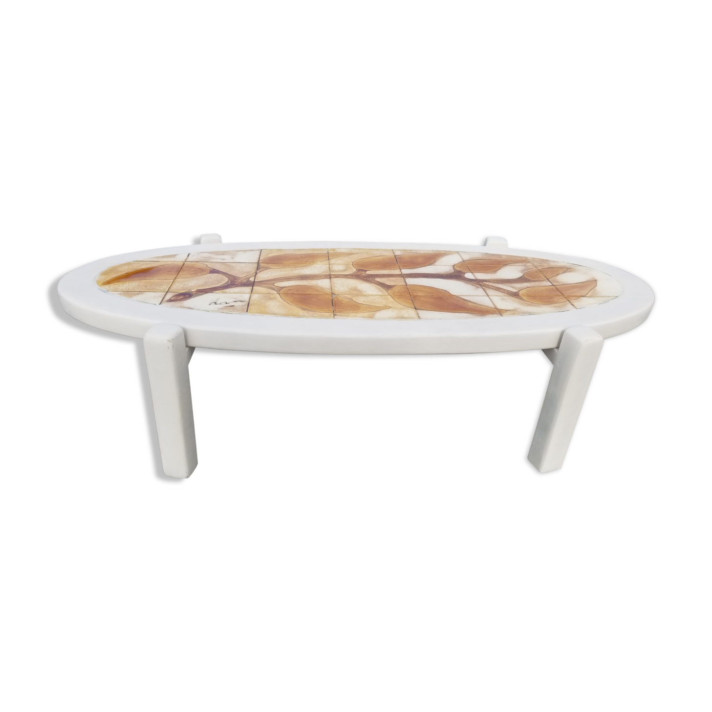 Vintage oval wooden and ceramic coffee table signed Dan - Vallauris