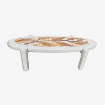 Table basse vintage ovale en bois et céramique signée dan - vallauris