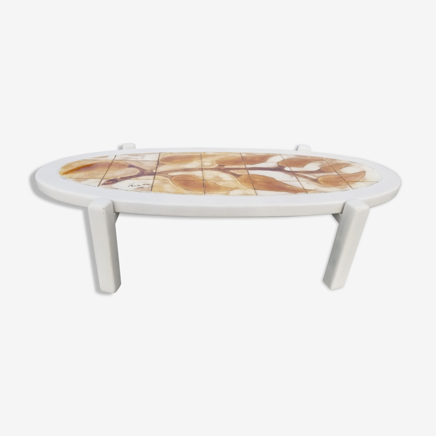 Table basse vintage ovale en bois et céramique signée dan - vallauris |  Selency