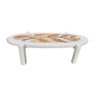 Vintage oval wooden and ceramic coffee table signed Dan - Vallauris