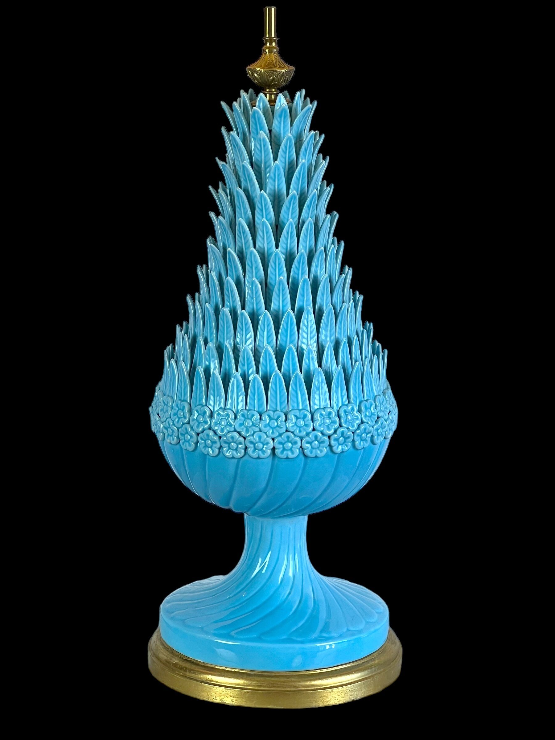 1.05 m pineapple lamp in turquoise ceramic on a gilded wooden base from the 1950s