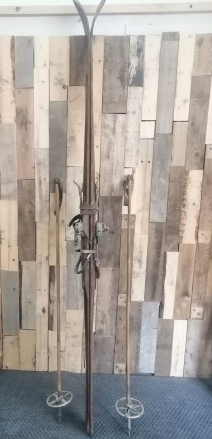 Pair of wooden ski & vintage ski poles year 1940