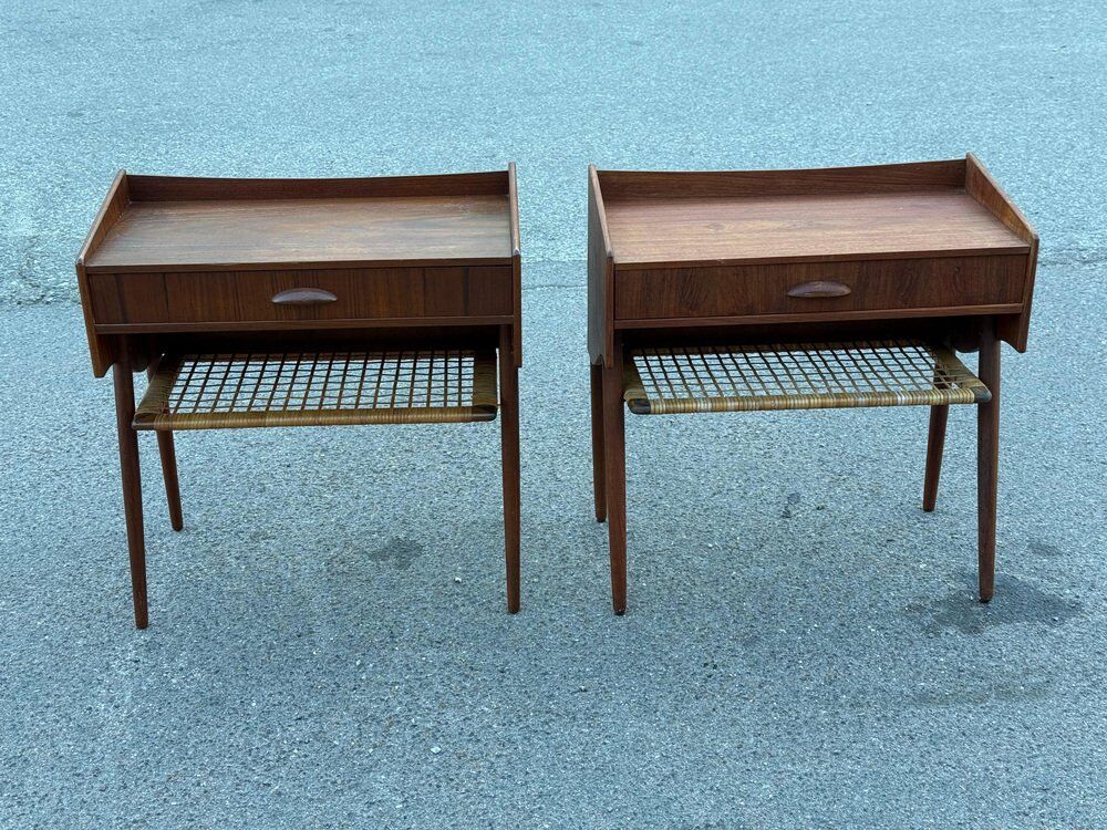 Modernist Danish teak bedside tables with rattan shelves, set of 2