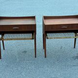 Modernist Danish teak bedside tables with rattan shelves, set of 2