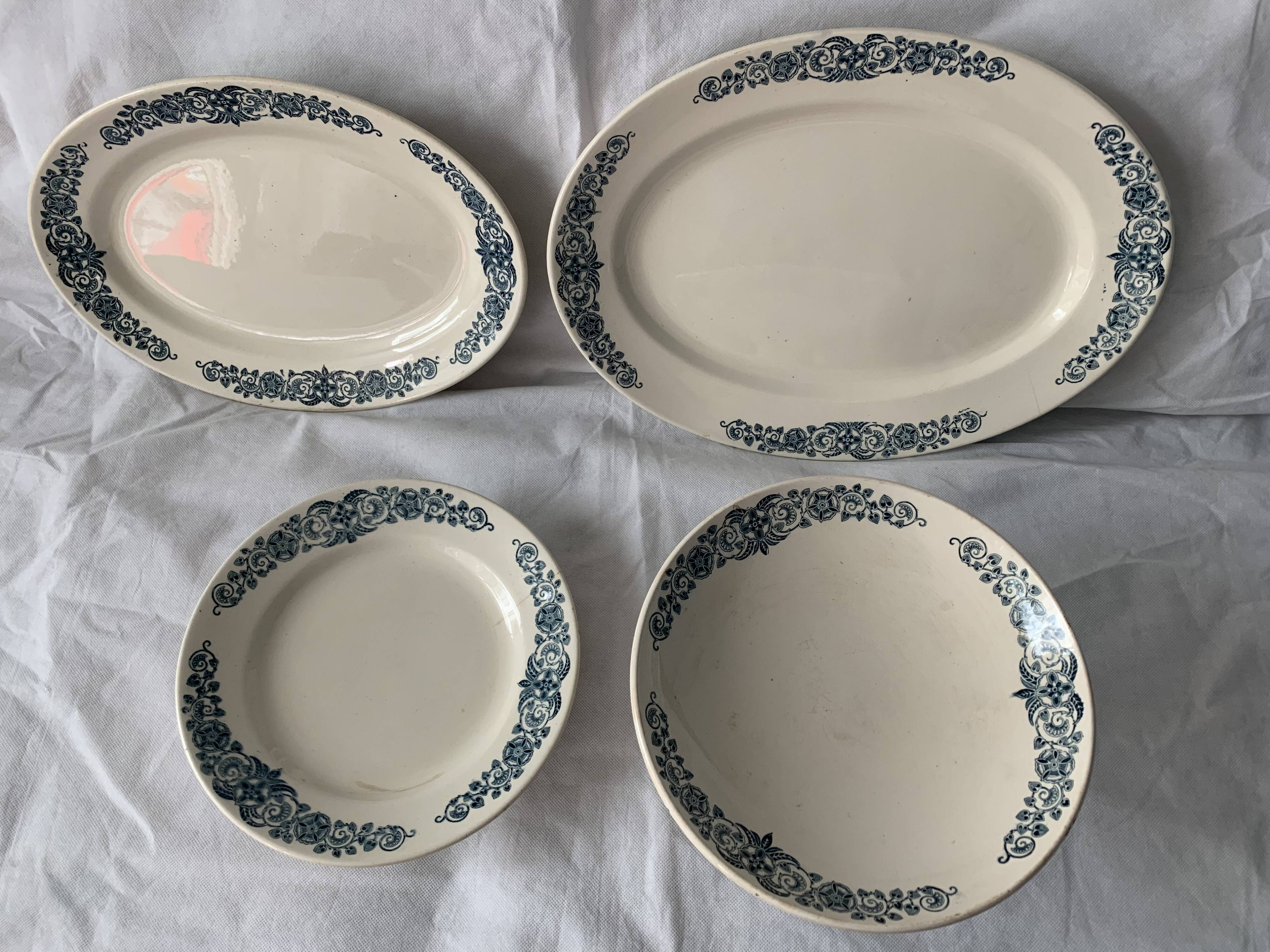 4 blue and white service dishes Alesia Longchamp Iron Land early 20th century