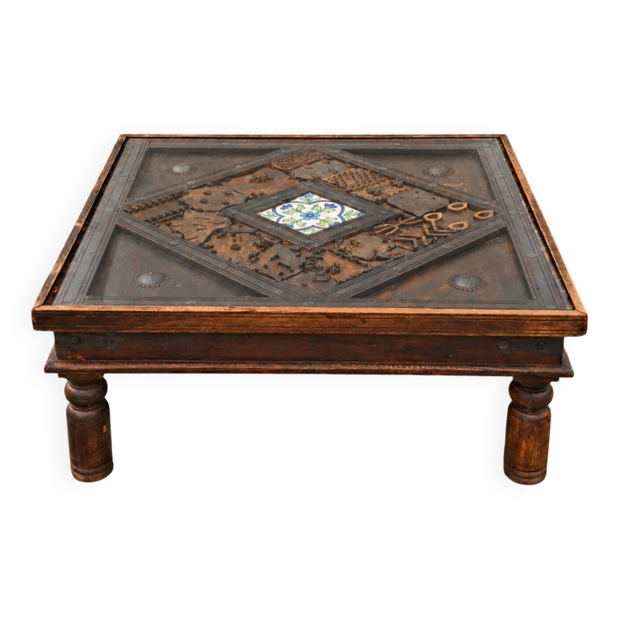 Large square vintage coffee table in wood, glass, and metal decor.