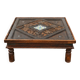 Large square vintage coffee table in wood, glass, and metal decor.