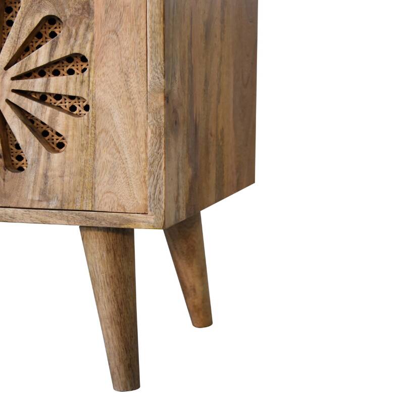 Rosalie Rattan and Solid Mango Wood Media Unit, Modern Console with Cut-Out Petal Design, Brass Knob
