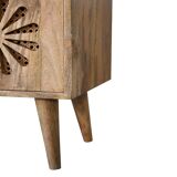 Rosalie Rattan and Solid Mango Wood Media Unit, Modern Console with Cut-Out Petal Design, Brass Knob