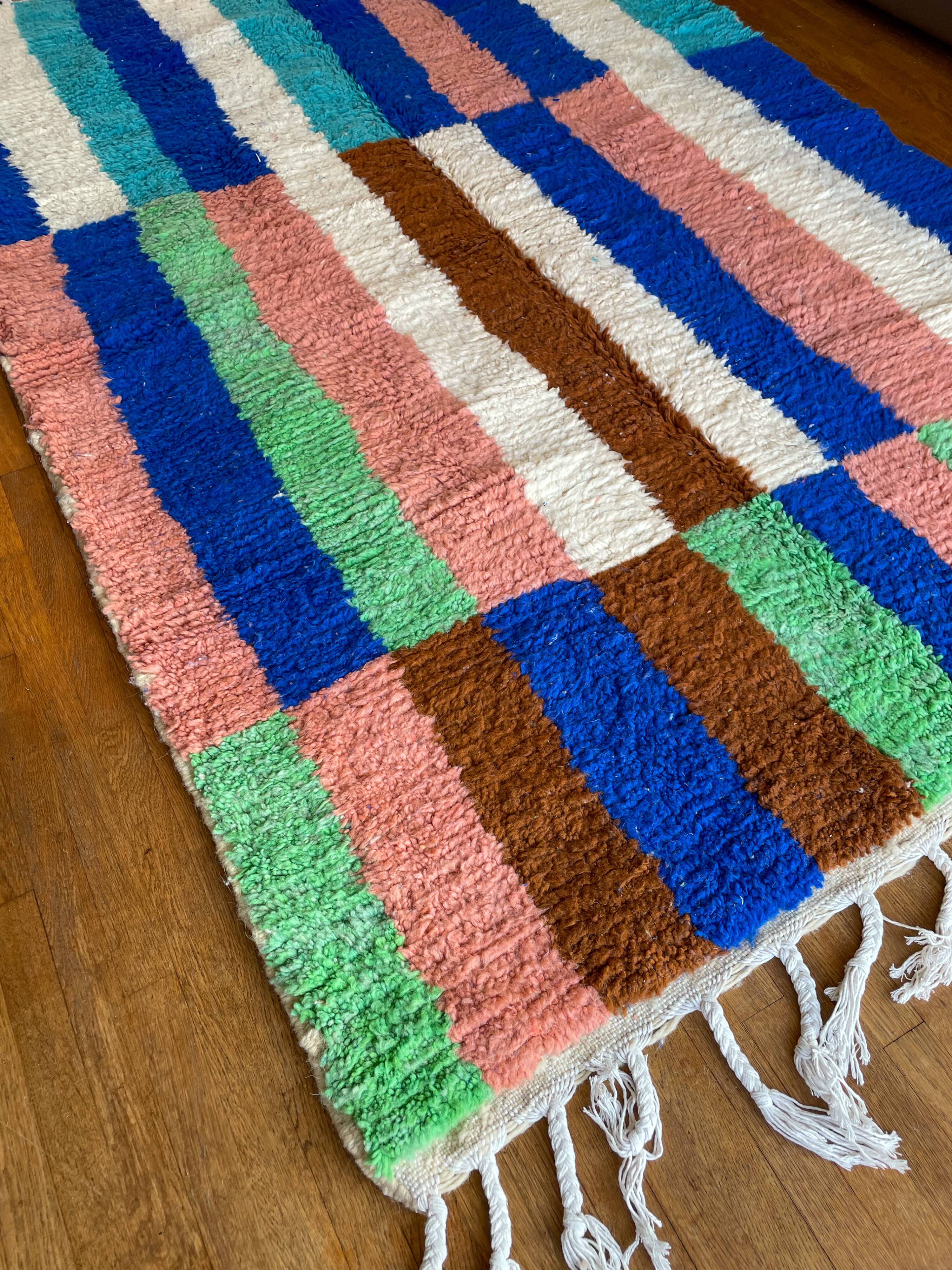 Berber carpet boujad colorful blue majorelle green brown peach