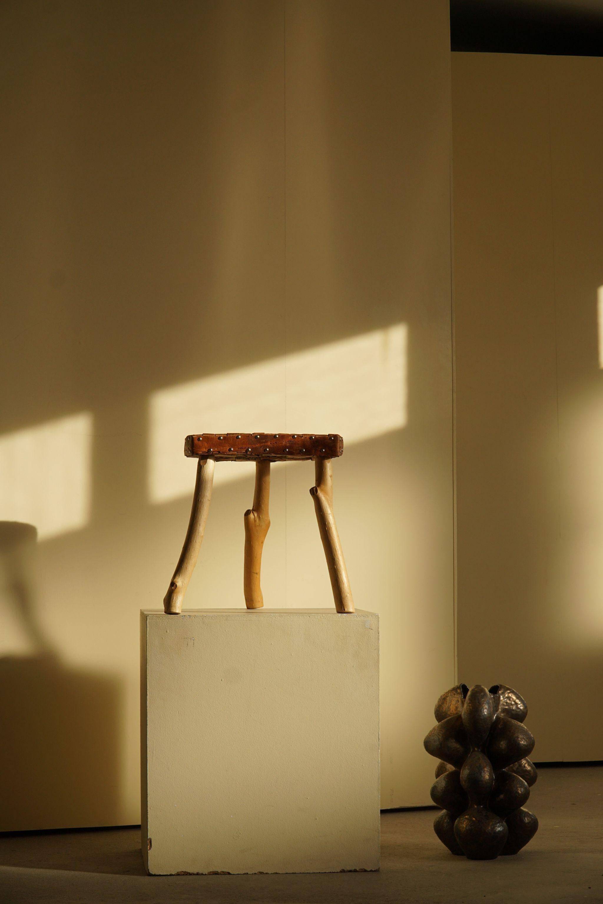 Modern Danish handmade organic wood tripod stool Wabi Sabi, 1960s