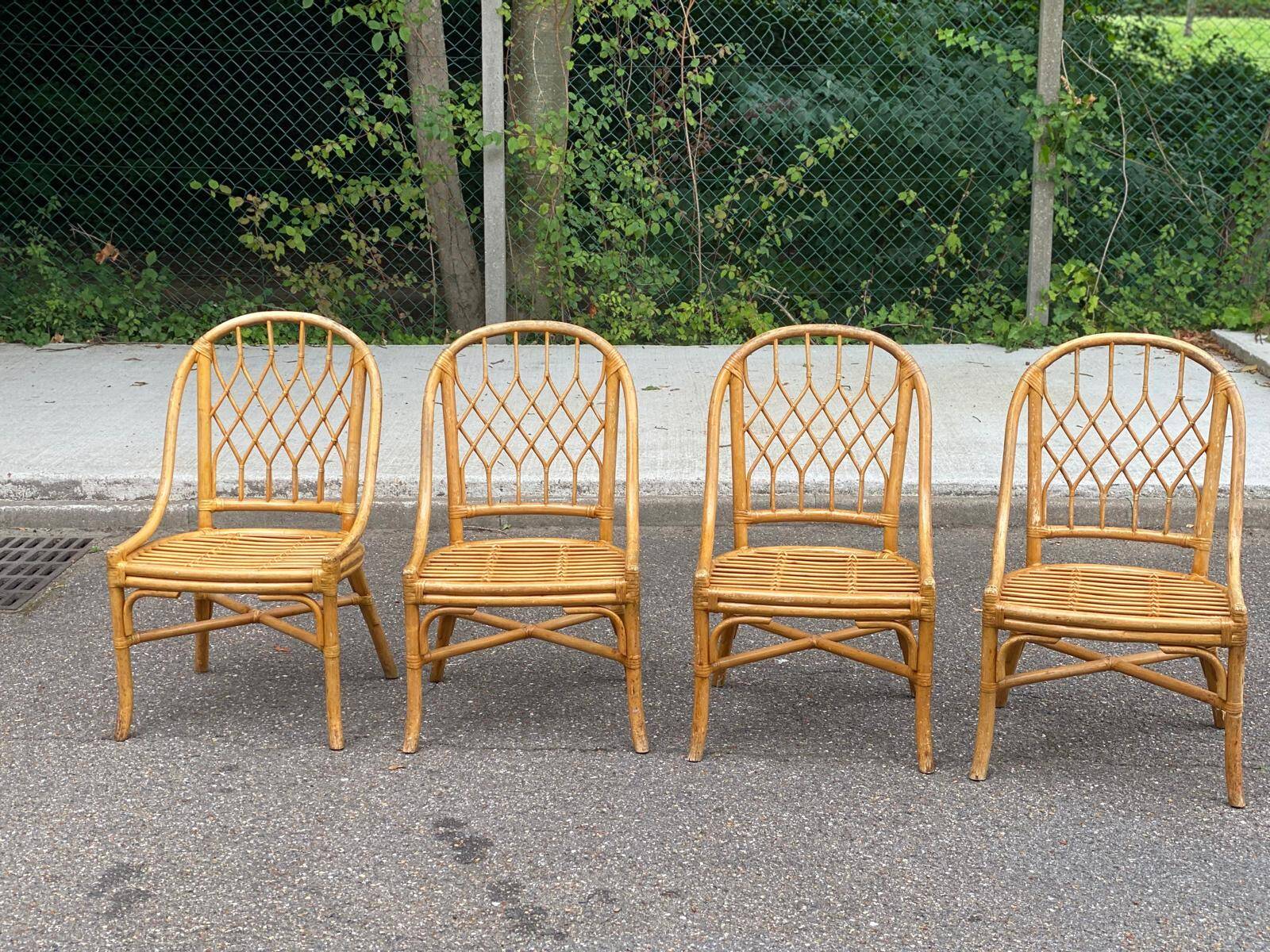 4 bamboo, rattan and wicker gondola chairs from the 70s