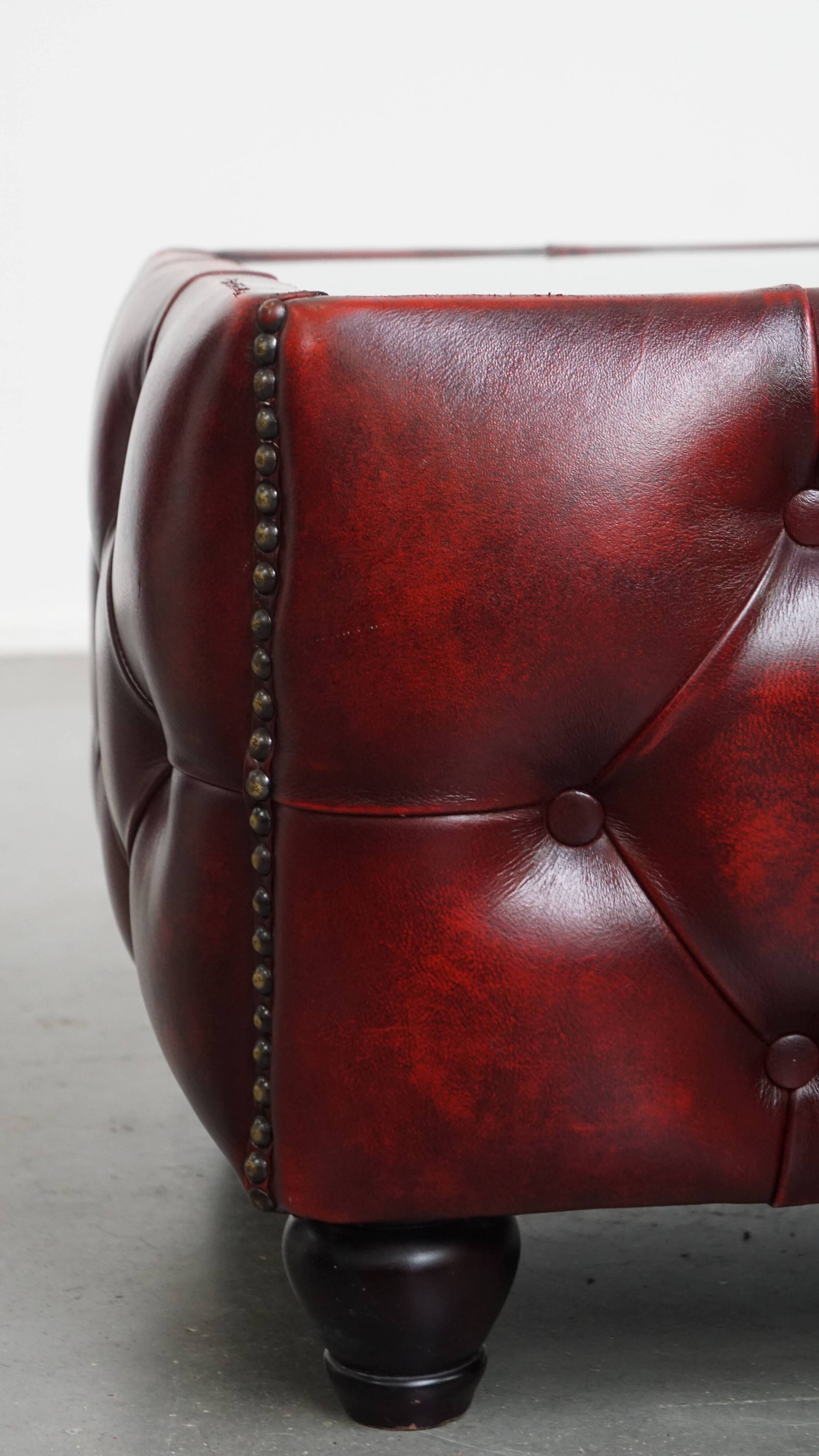 Red Cowhide Leather Chesterfield Side Table with Glass Top