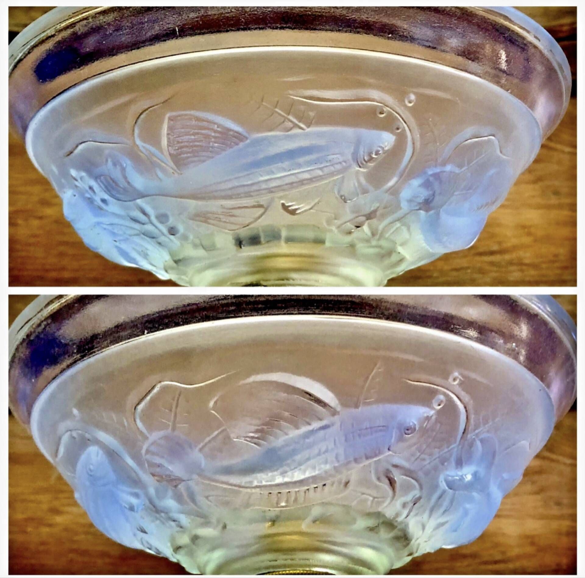 Art Deco lamp 1930 wrought iron opalescent glass fish Ezan