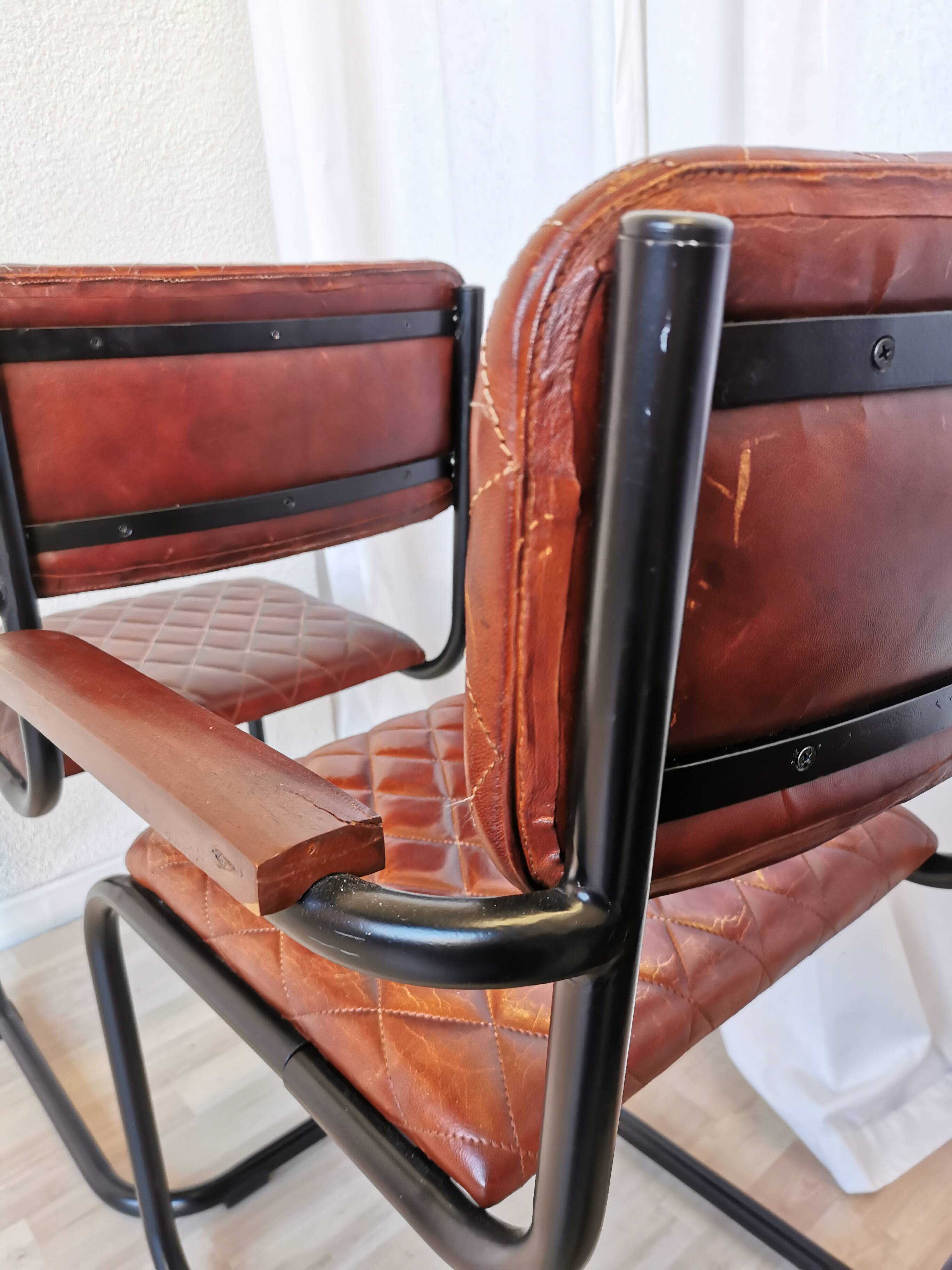Set of 4 Vintage Quilted Leather Dining Chairs: Black Metal Base
