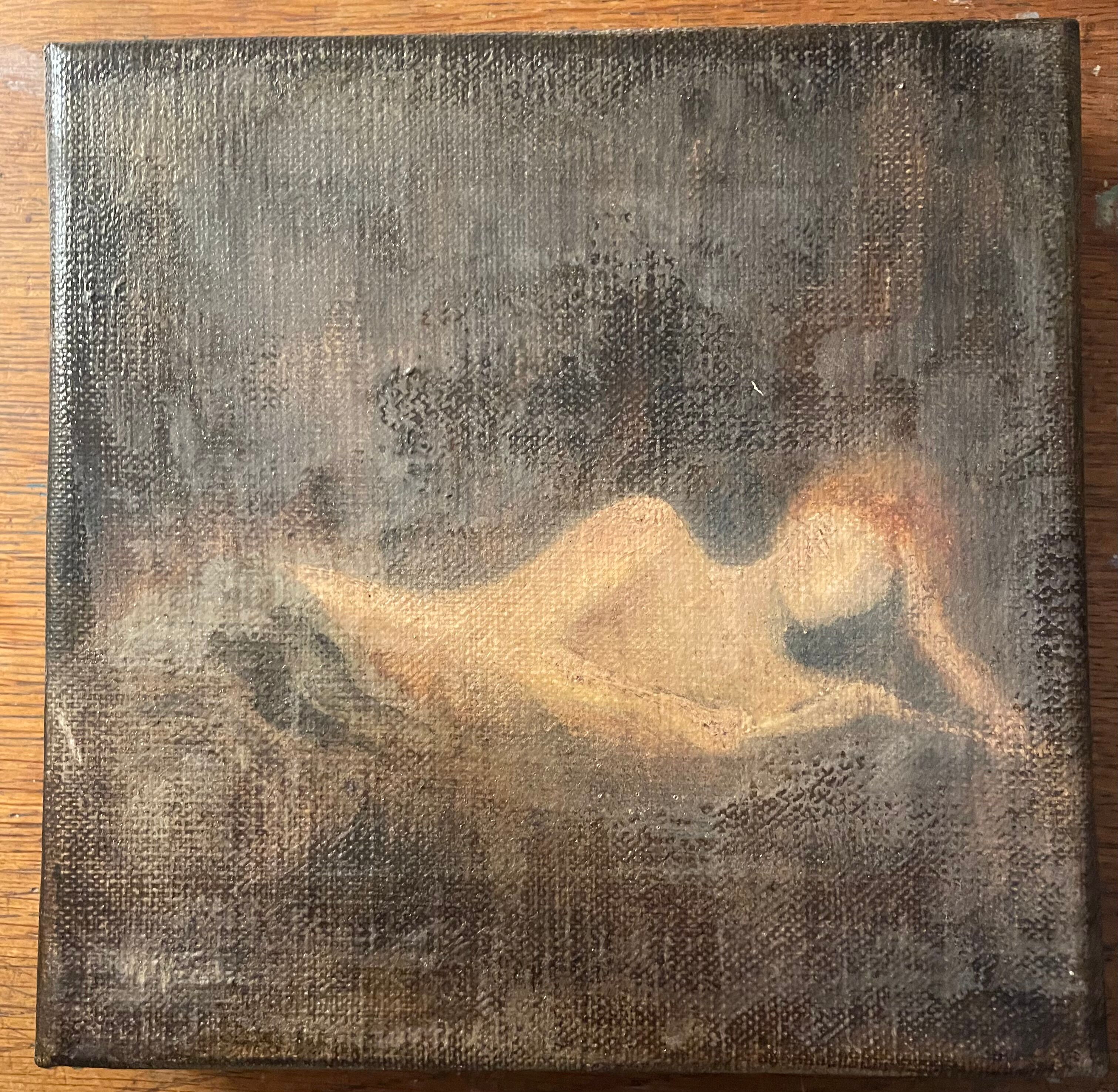 Oil on canvas signed female nude reading