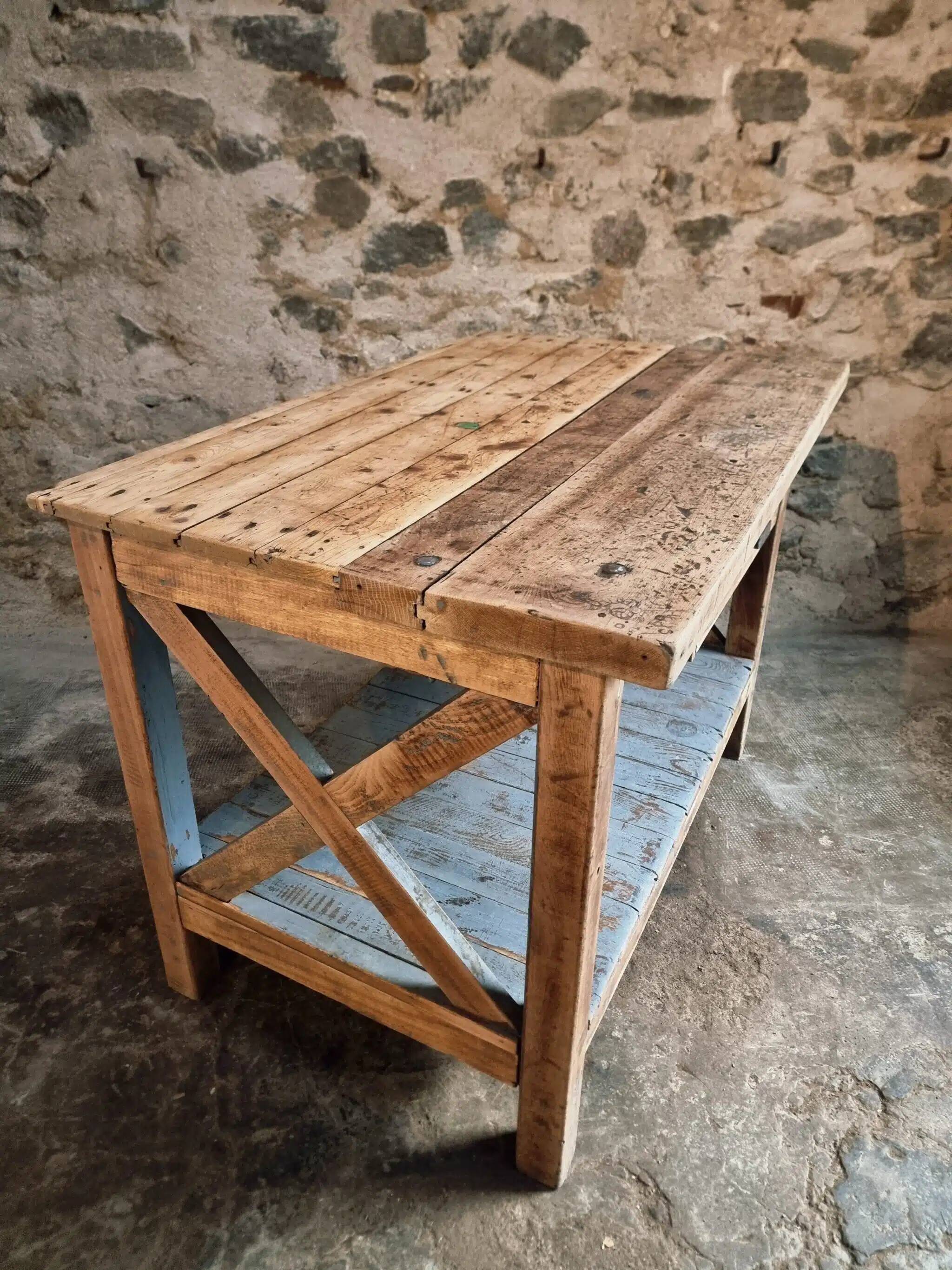 Vintage French industrial workbench – 1920s/1930s oak and pine table with drawer