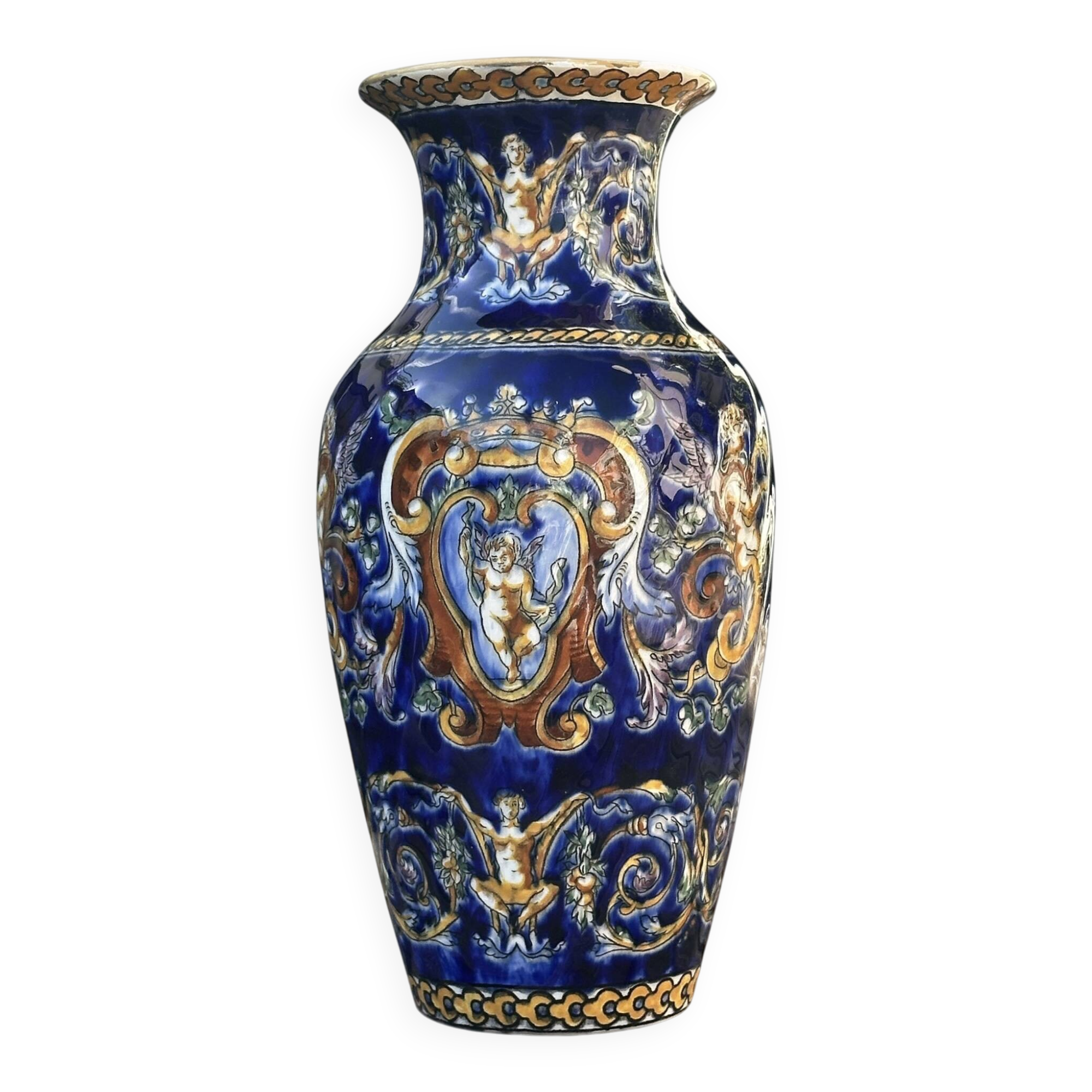 Antique baluster vase in Gien earthenware with blue Renaissance decoration - H: 26 cm