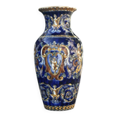 Ancien vase balustre en faïence de Gien décor Renaissance bleu - H: 26 cm