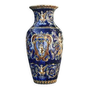 Antique baluster vase in Gien earthenware with blue Renaissance decoration - H: 26 cm