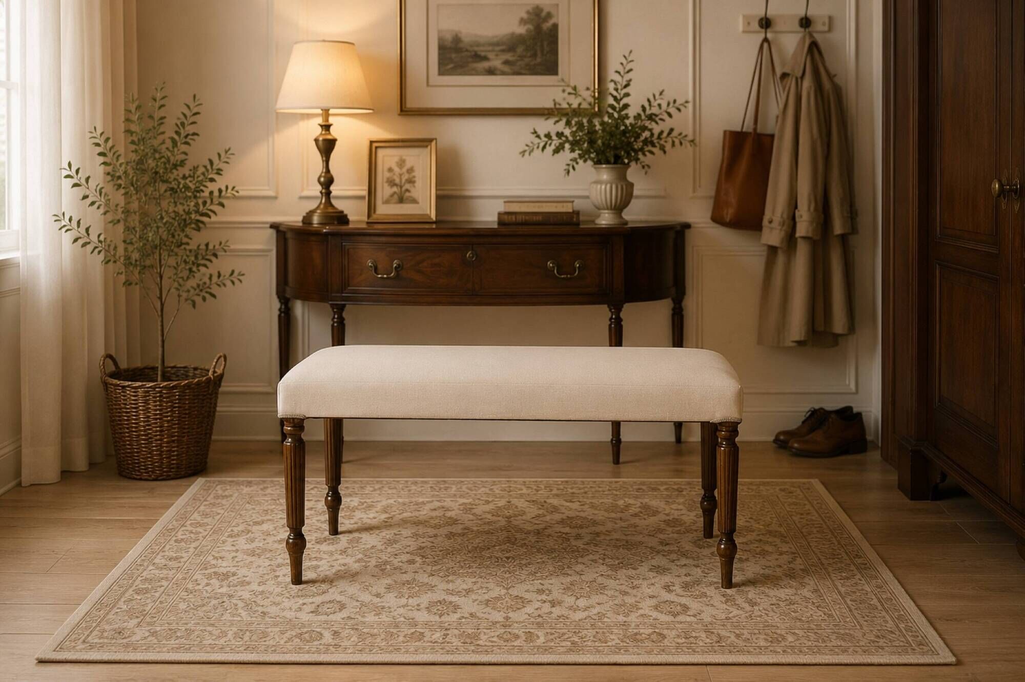 Mid-Century Neoclassical Louis XVI Style Bench with Cream Upholstery and Fluted
