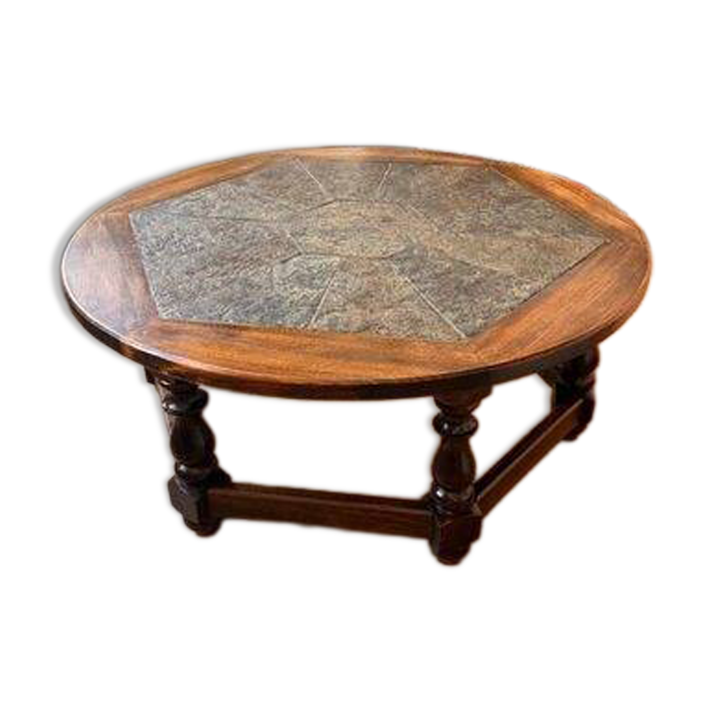 Round coffee table in solid wood & natural stone – diameter 99 cm