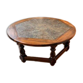 Table basse ronde bois massif & pierre naturelle – diamètre 99 cm