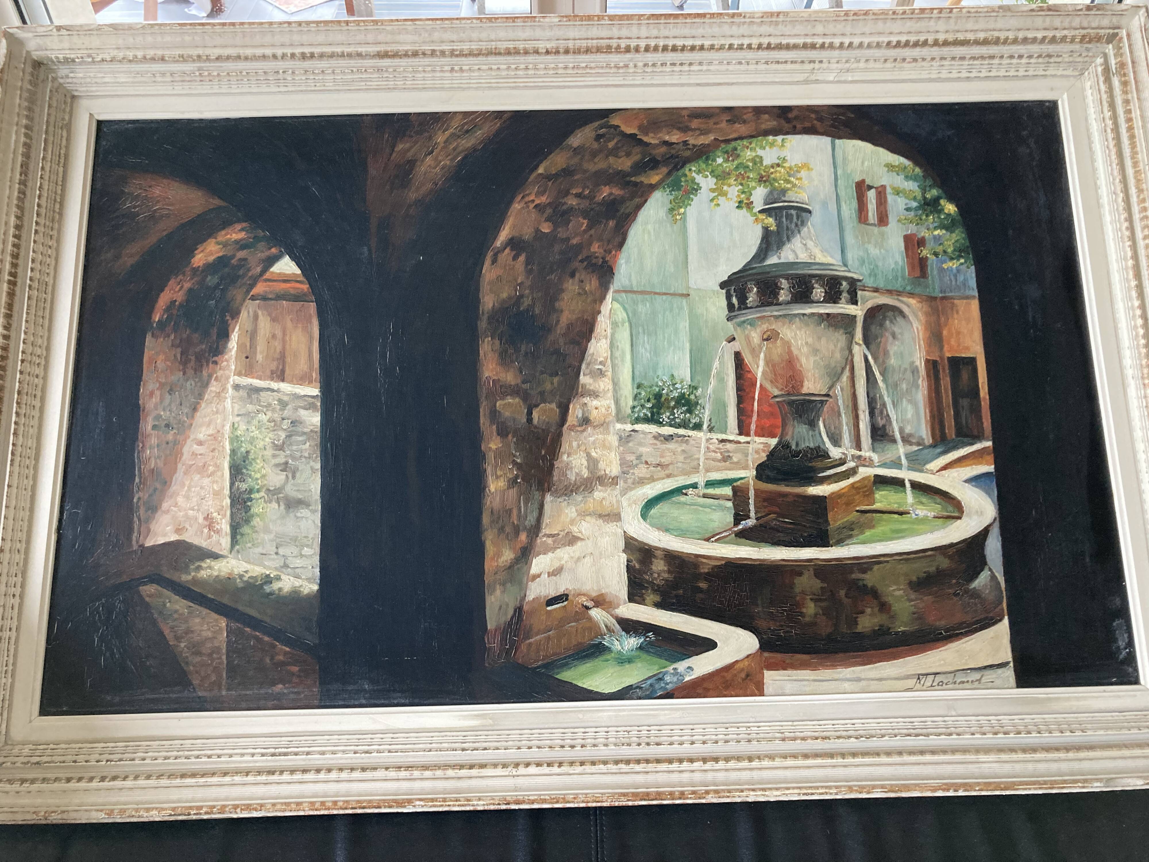Framed oil fountain painting