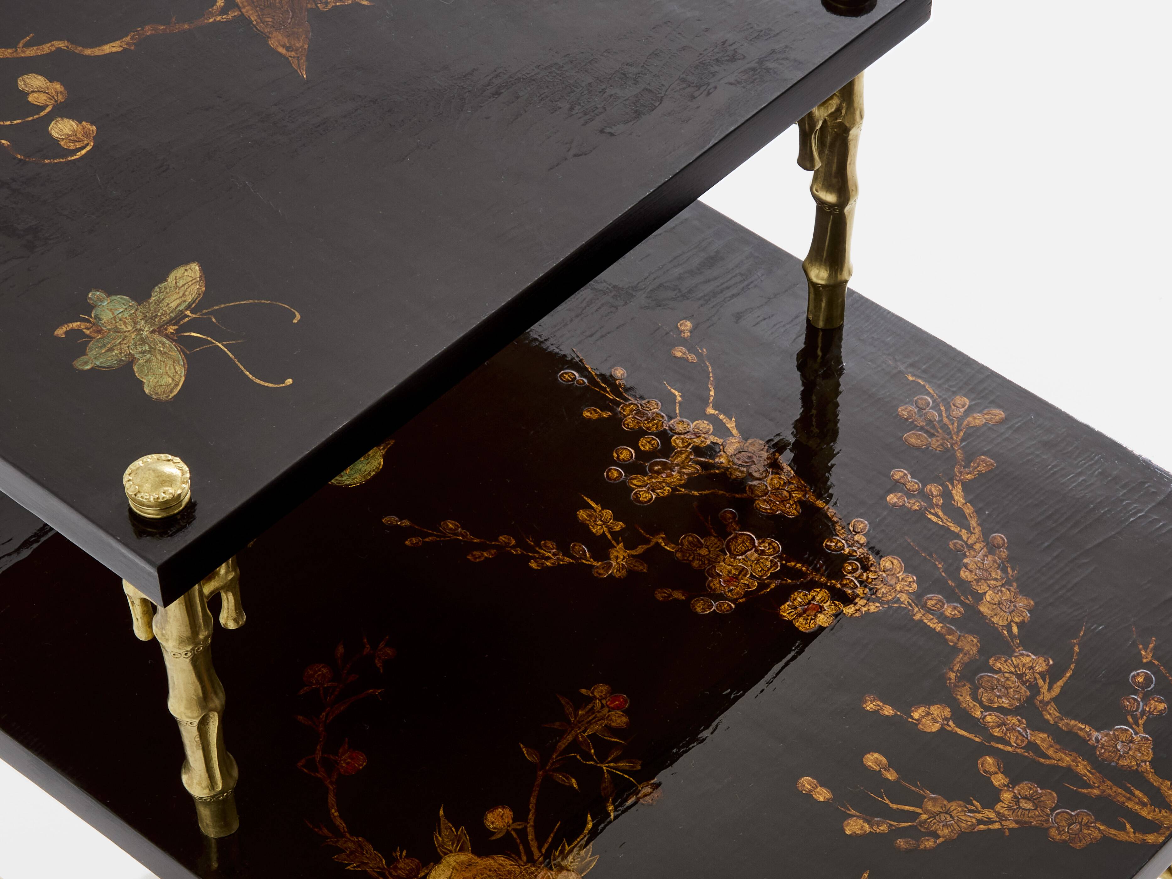Bamboo bronze lacquered Chinese side tables Maison Baguès 1940