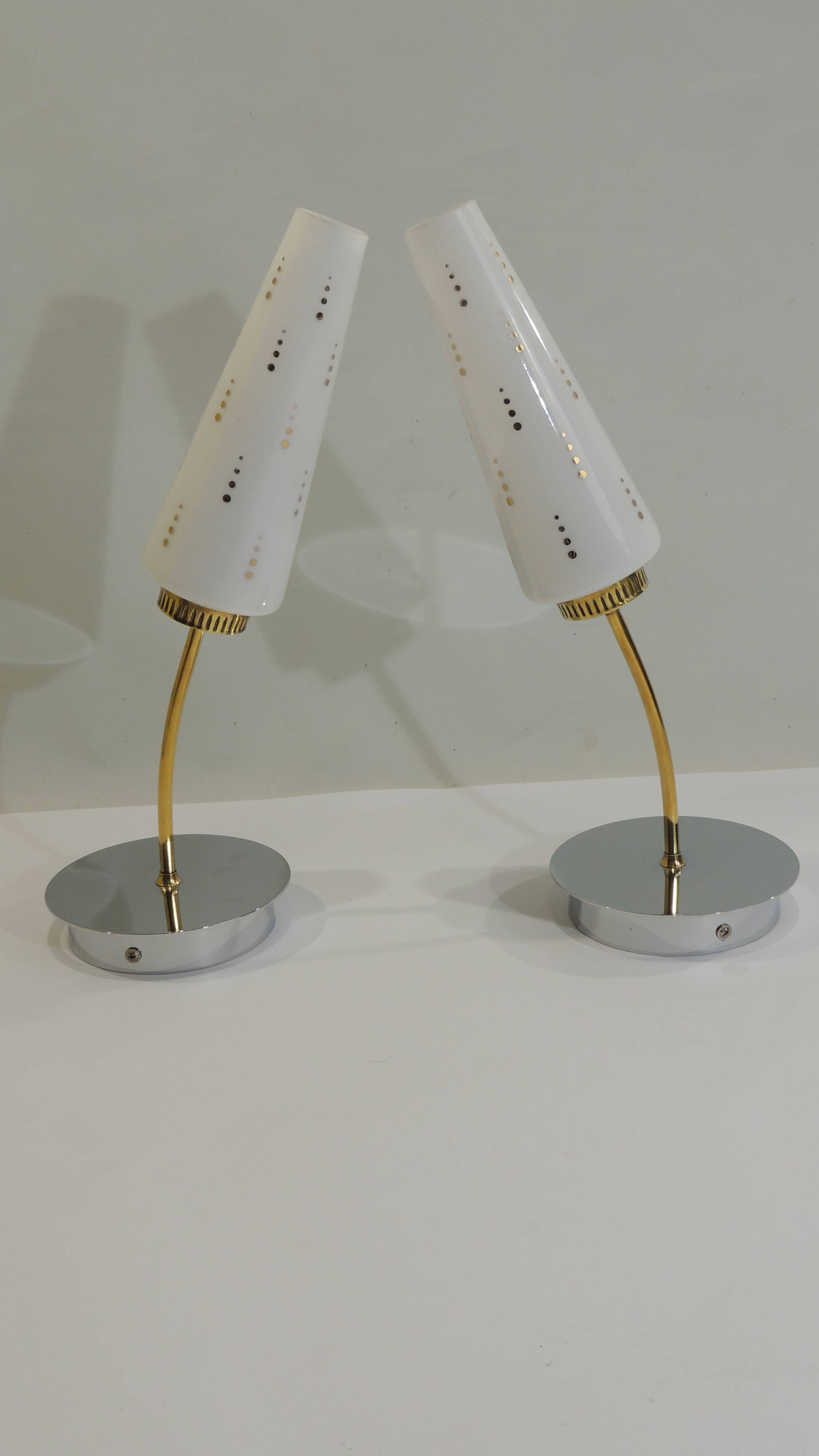 Pair of vintage wall sconces from the 1970s – Perforated opaline, brass